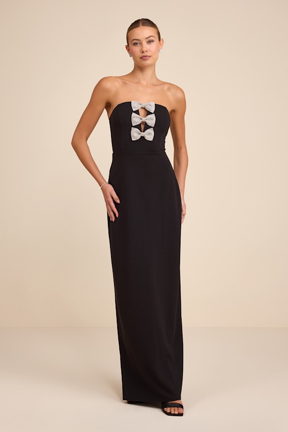 Jovia Black Rhinestone Bow Strapless Maxi Dress 1