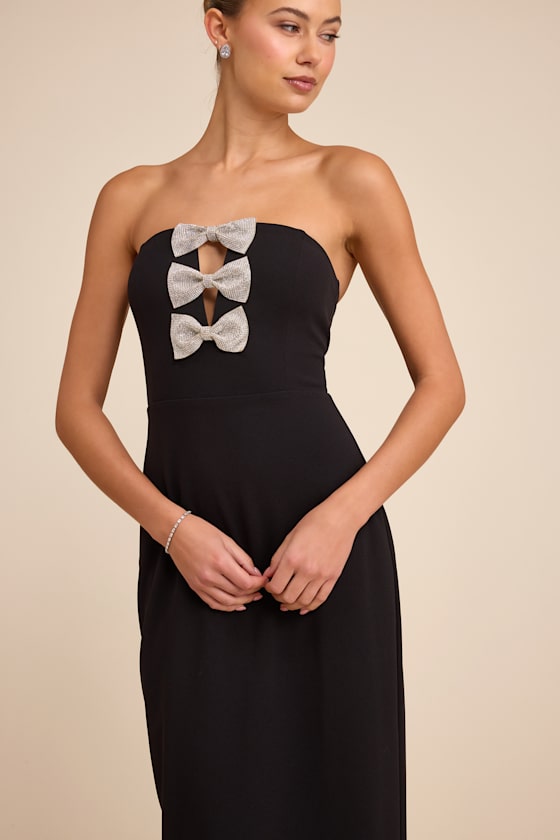 Jovia Black Rhinestone Bow Strapless Maxi Dress 2
