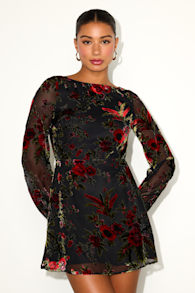 Marwella Black Burnout Velvet Backless Long Sleeve Mini Dress 1