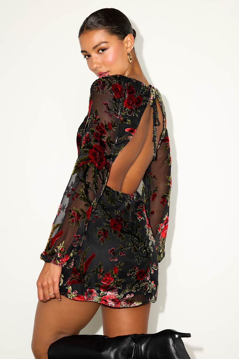 Marwella Black Burnout Velvet Backless Long Sleeve Mini Dress