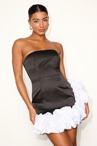 Evangela Black and White Satin Bubble-Hem Mini Dress 1