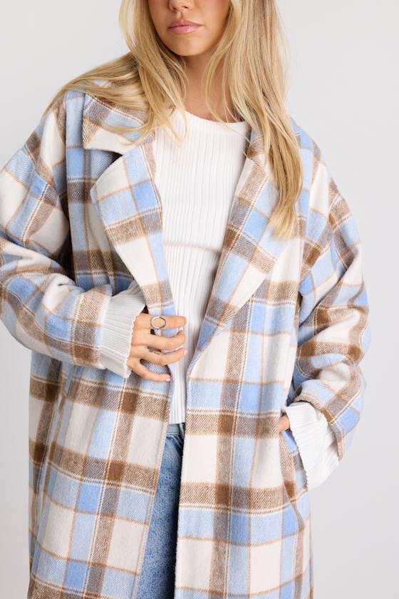 Jill Light Blue Plaid Long Coat