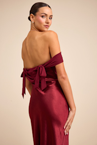 Alaida Wine Red Satin Off-the-Shoulder Maxi Dress 1