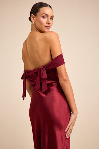 Alaida Wine Red Satin Off-the-Shoulder Maxi Dress 1