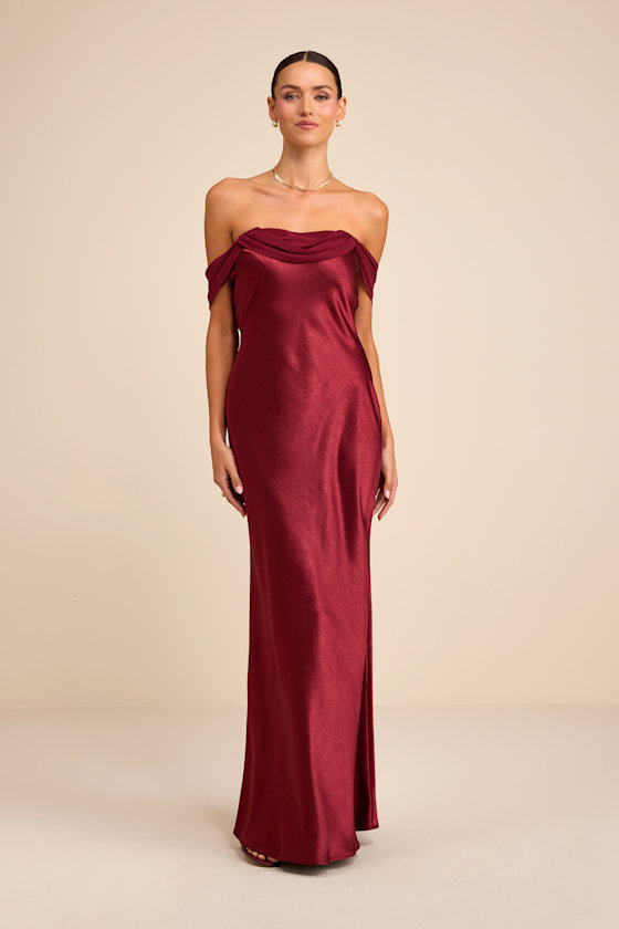 Alaida Wine Red Satin Off-the-Shoulder Maxi Dress 2