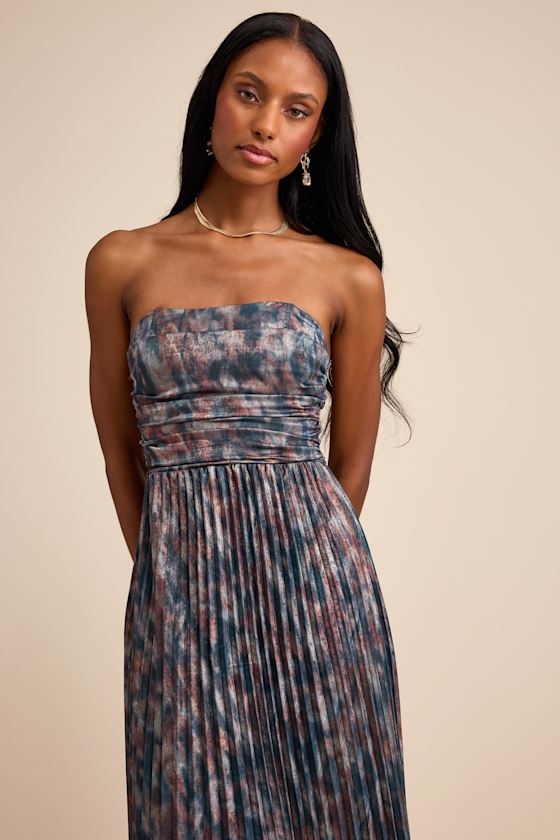 Islya Slate Blue Multi Abstract Pleated Strapless Maxi Dress 1