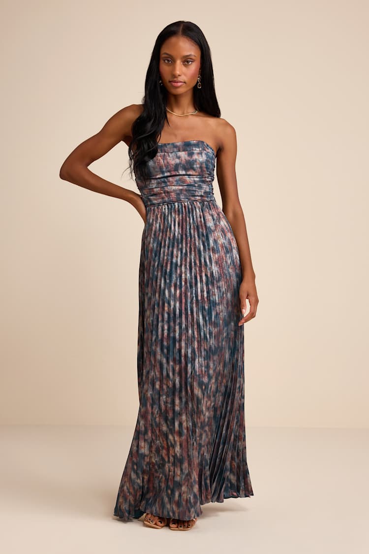Lulus | Slate Blue Multi Abstract Pleated Strapless Maxi Dress | Womens | Small (Available in XS, M, L, Xl) | 100% Polyester