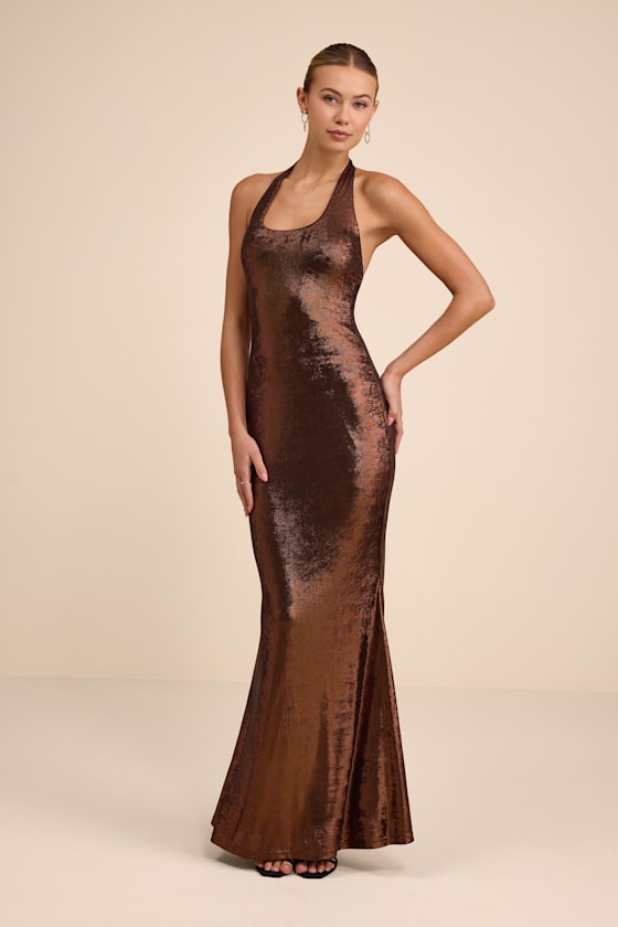 Airla Shiny Bronze Slinky Knit Halter Maxi Dress 1