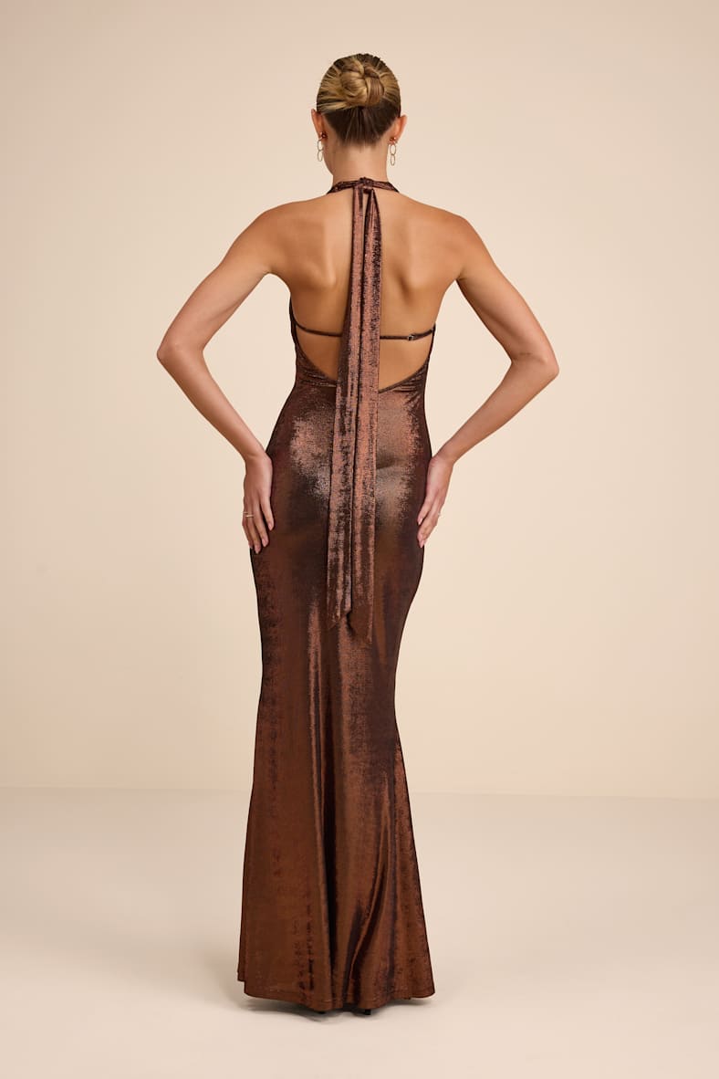 Airla Shiny Bronze Slinky Knit Halter Maxi Dress