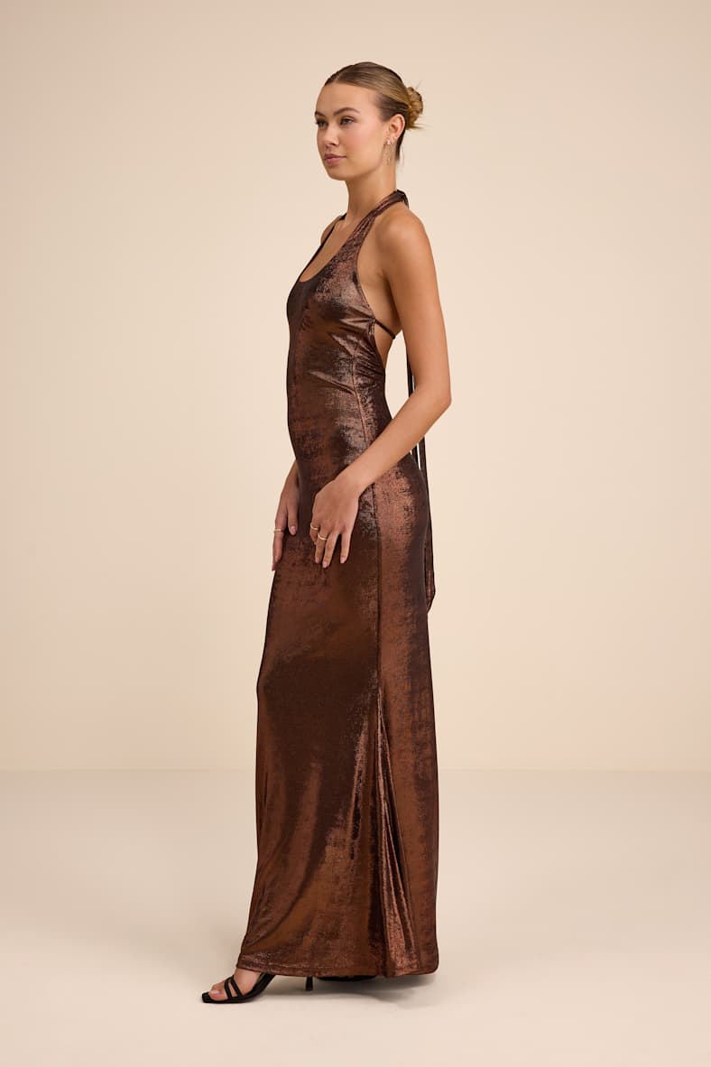 Airla Shiny Bronze Slinky Knit Halter Maxi Dress
