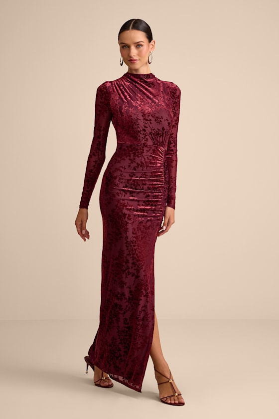 Burgundy Velvet Jacquard Dress - Mock Neck Dress - Maxi Dress - Lulus