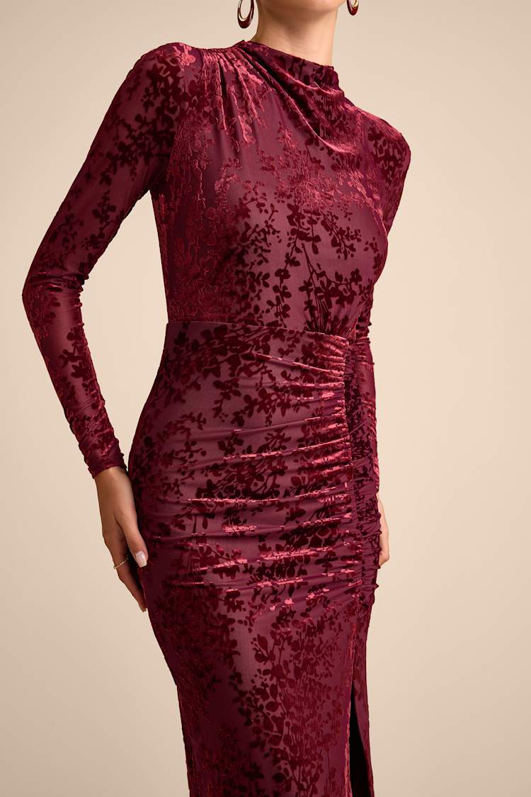 Burgundy Velvet Jacquard Dress - Mock Neck Dress - Maxi Dress - Lulus Burgundy Velvet Jacquard Dress - Mock Neck Dress - Maxi Dress - Lulus