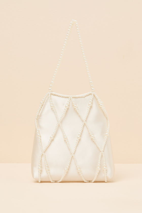 Gloria Ivory Satin Pearl Pouch Handbag 1