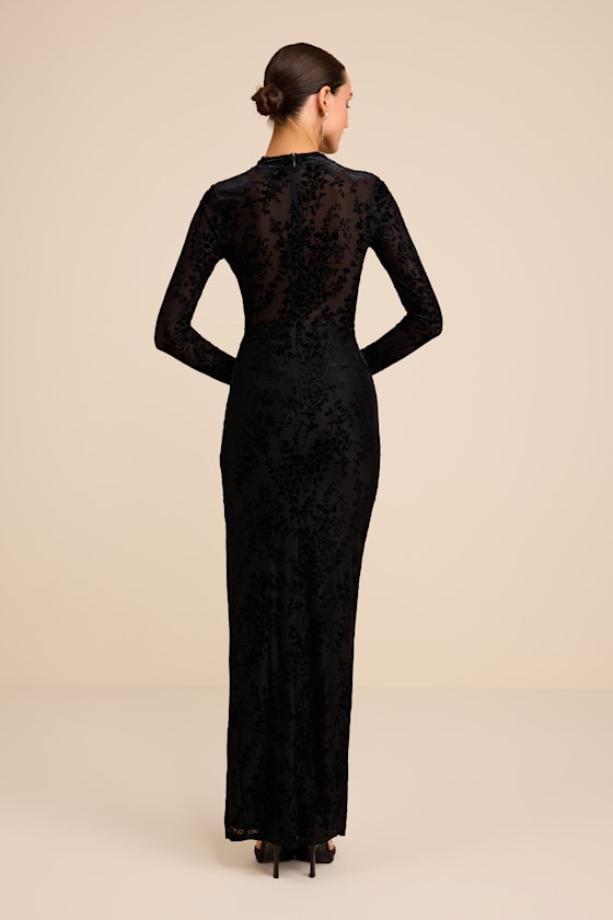 Black Velvet Jacquard Dress - Mock Neck Maxi Dress - Maxi Dress - Image 4