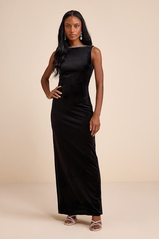 Black Velvet Dress - Backless Maxi Dress - Rhinestone Trim Dress