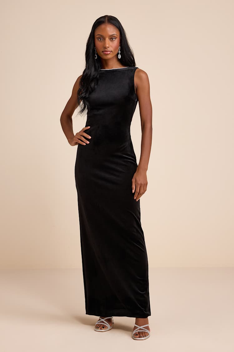 Barisan Black Velvet Rhinestone Bow Backless Maxi Dress
