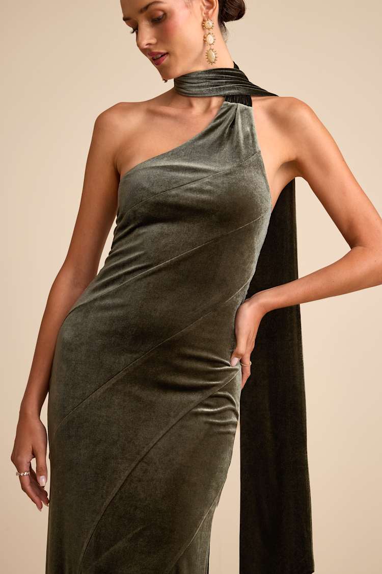 eleni bodycon maxi dress Eleni Dusty Olive Velvet One-Shoulder Sash Maxi Dress