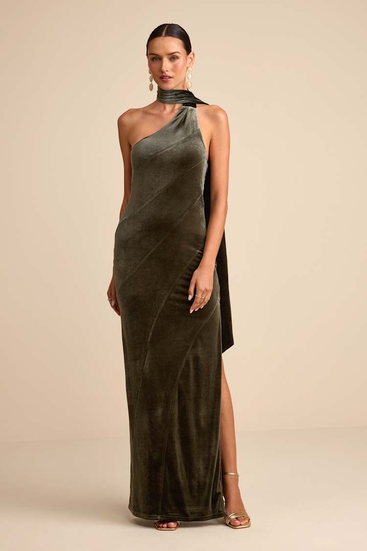 Eleni Dusty Olive Velvet One-Shoulder Sash Maxi Dress