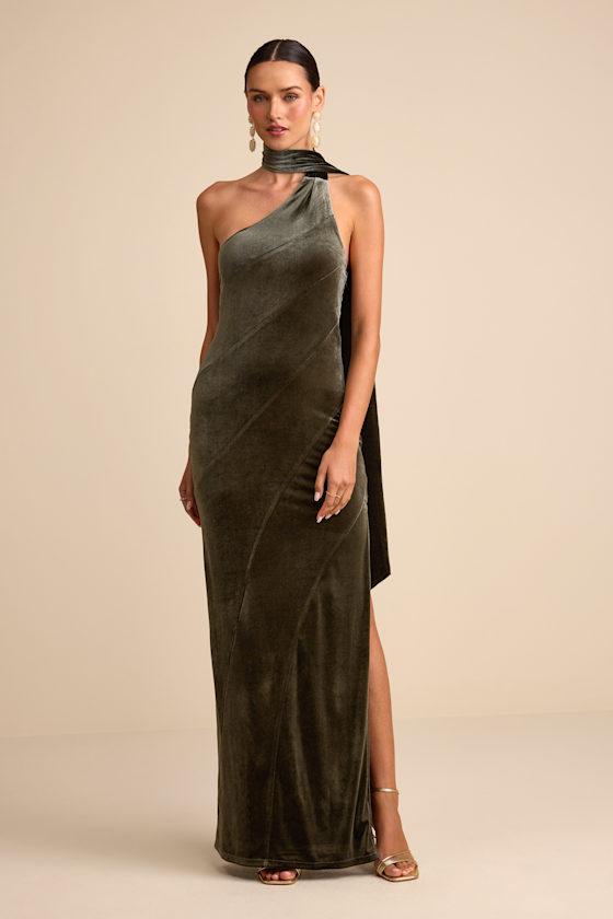 Eleni Dusty Olive Velvet One-Shoulder Sash Maxi Dress 2