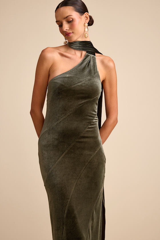 Olive Velvet Gown - One-Shoulder Sash Gown - Velvet Maxi Dress - Image 3