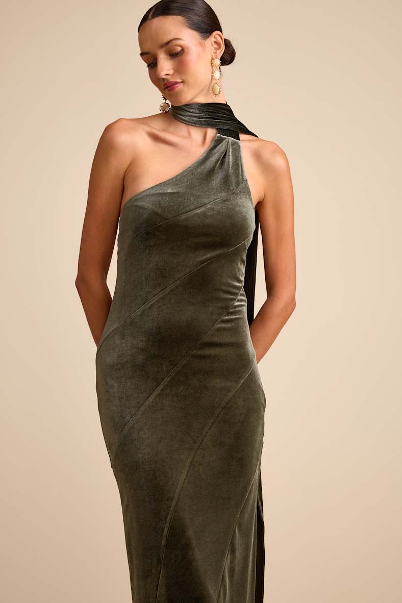 Eleni Dusty Olive Velvet One-Shoulder Sash Maxi Dress