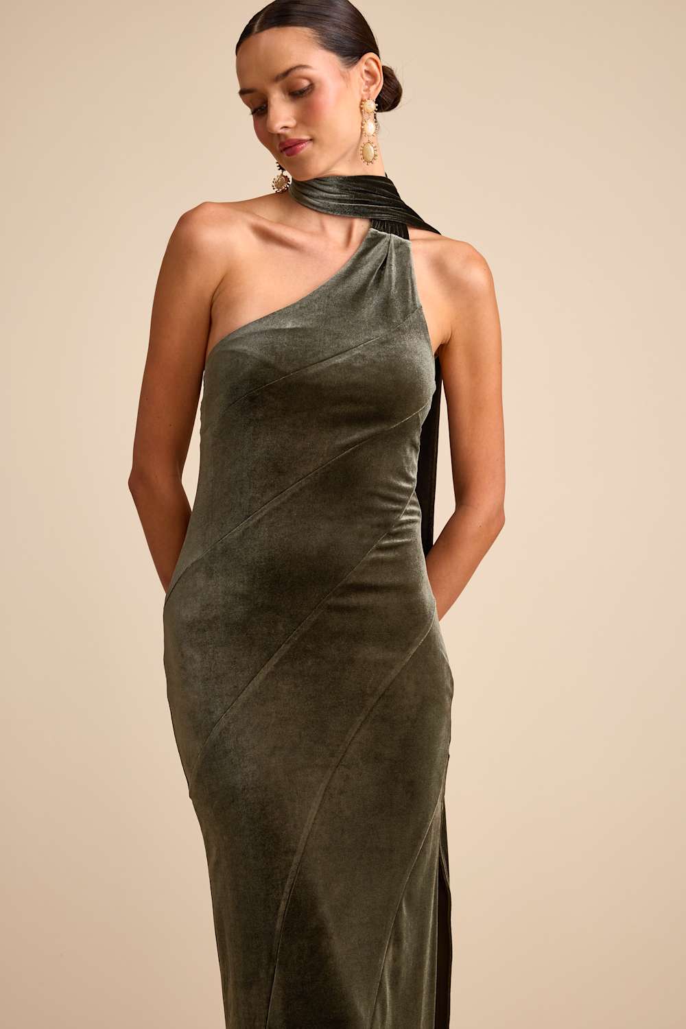 Eleni Dusty Olive Velvet One-Shoulder Sash Maxi Dress