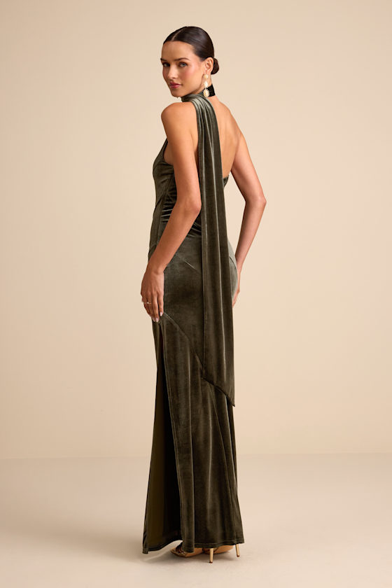 Olive Velvet Gown - One-Shoulder Sash Gown - Velvet Maxi Dress - Image 6