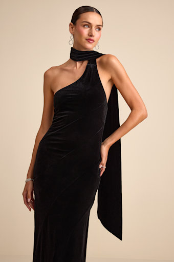 Eleni Black Velvet One-Shoulder Sash Maxi Dress 1