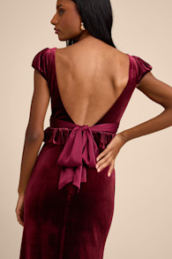 Romari Burgundy Velvet Ruffled Puff Sleeve Bow Maxi Dress 1