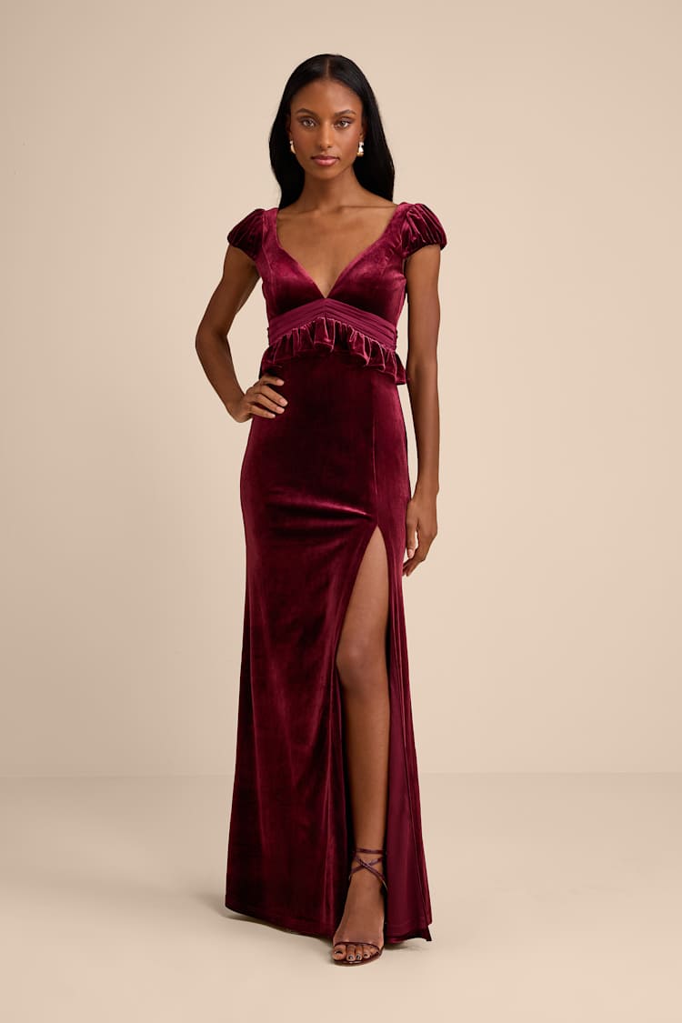 Romari Burgundy Velvet Ruffled Puff Sleeve Bow Maxi Dress