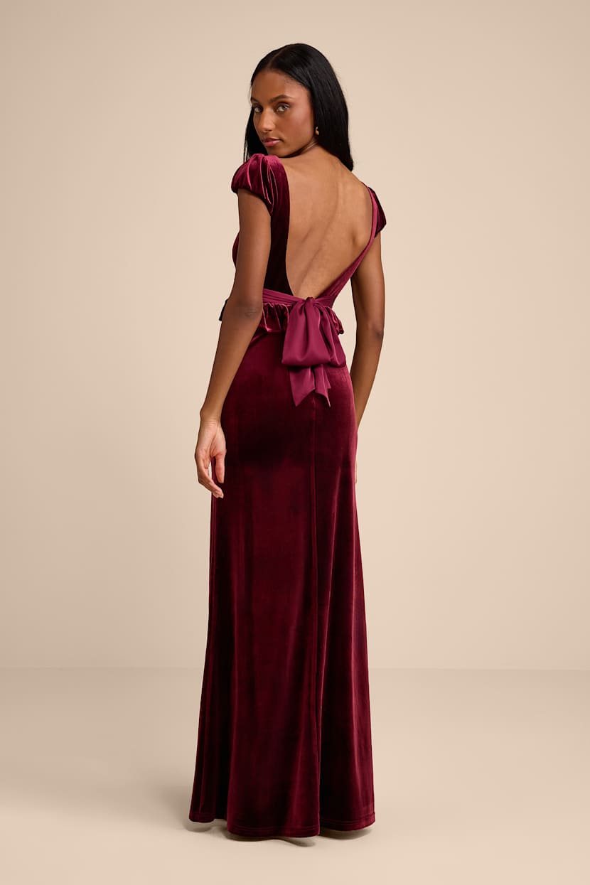 Burgundy Maxi Dress - Puff Sleeve Dress - Ruffle-Trimmed Dress