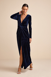Angelina Navy Velvet Twist-Front Maxi Dress 1