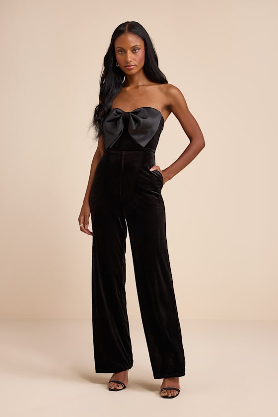 Prudence Black Velvet Bow Straight Leg Jumpsuit 1