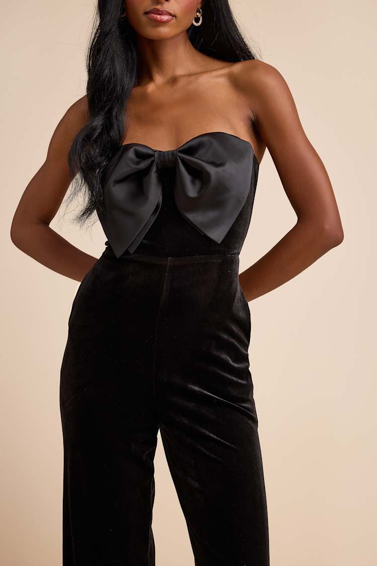 Prudence Black Velvet Bow Straight Leg Jumpsuit