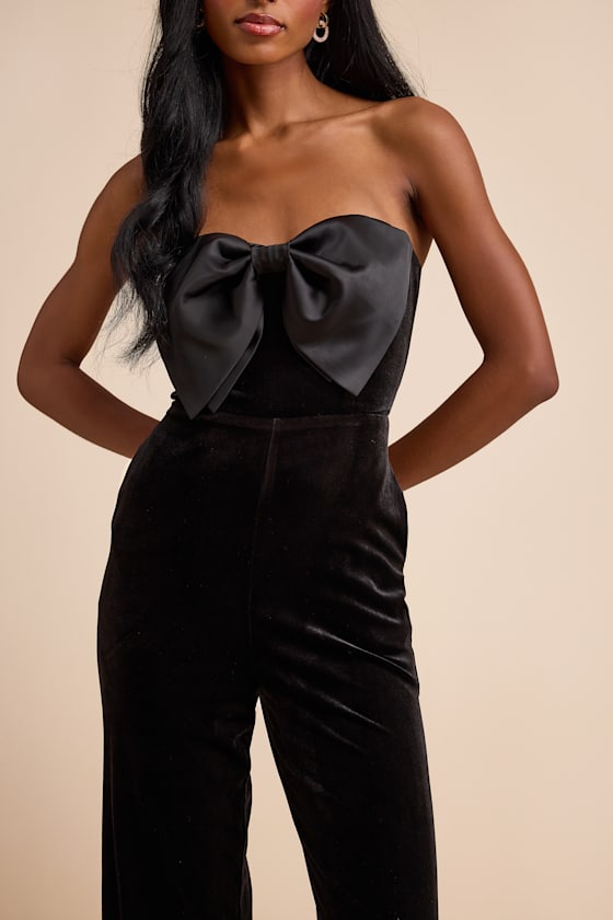 Prudence Black Velvet Bow Straight Leg Jumpsuit 2