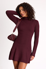 Selene Burgundy Ribbed Mock Neck Sweater Mini Dress 1