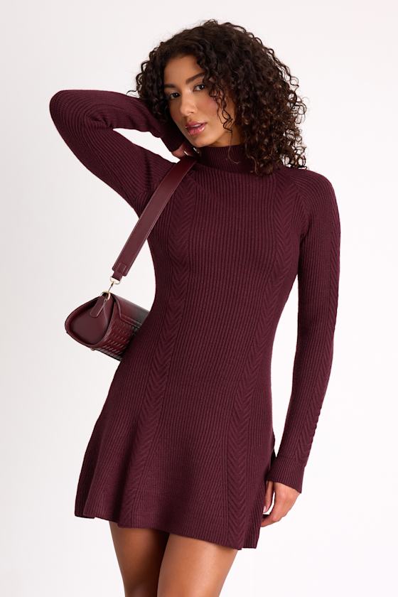 Selene Burgundy Ribbed Mock Neck Sweater Mini Dress 1