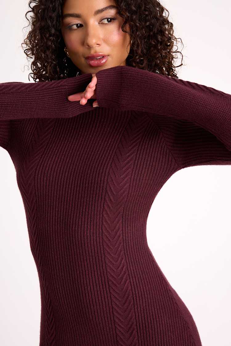 Selene Burgundy Ribbed Mock Neck Sweater Mini Dress