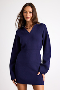Rosella Navy Bodycon Collared Mini Sweater Dress 1
