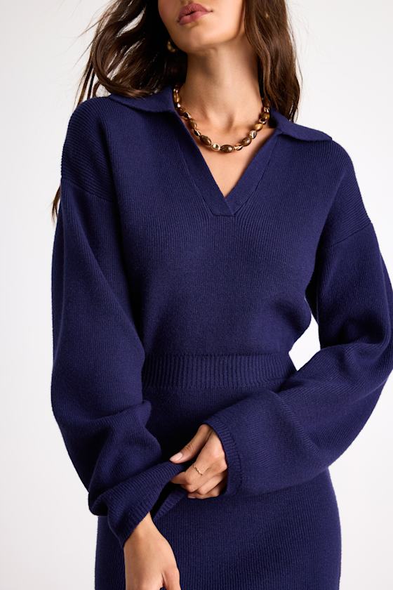 Rosella Navy Bodycon Collared Mini Sweater Dress 2