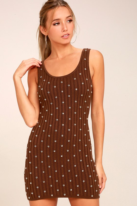 Willow Brown Studded Sleeveless Sweater Dress