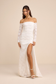 Jolena White Lace Off-the-Shoulder Ruched Maxi Dress 1