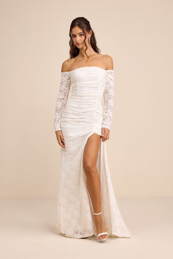 Jolena White Lace Off-the-Shoulder Ruched Maxi Dress 1