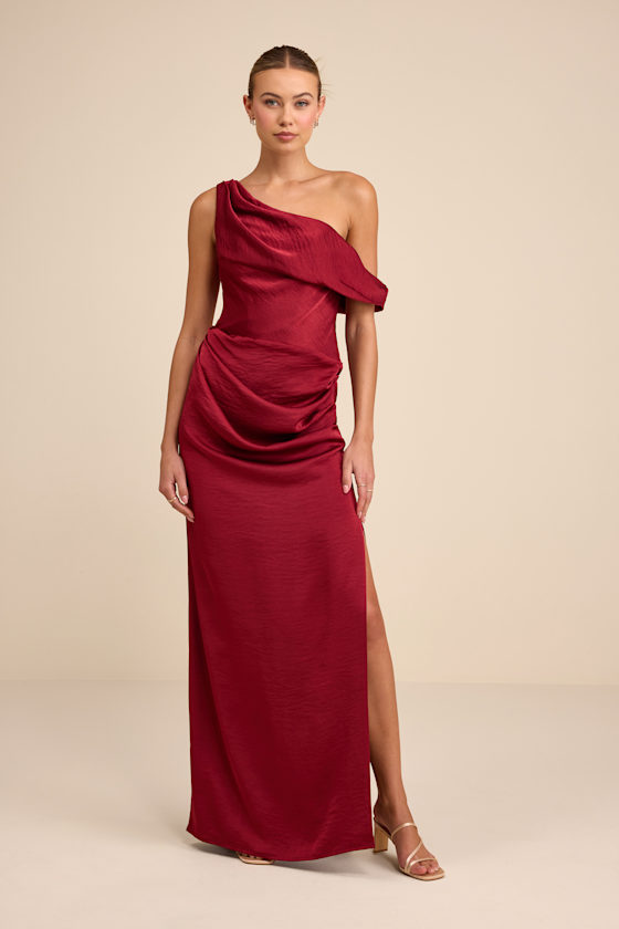 Image of Aviana Dark Red Satin Asymmetrical Maxi Dress