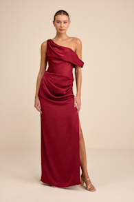 Aviana Dark Red Satin Asymmetrical Maxi Dress 1