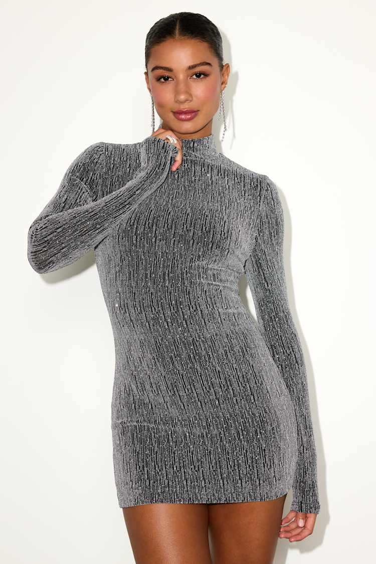 Lulus | Black and Silver Lurex Mock Neck Mini Dress | Womens | Large (Available in XL) | 100% Polyester