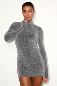 Lorenza Black and Silver Lurex Mock Neck Mini Dress 1