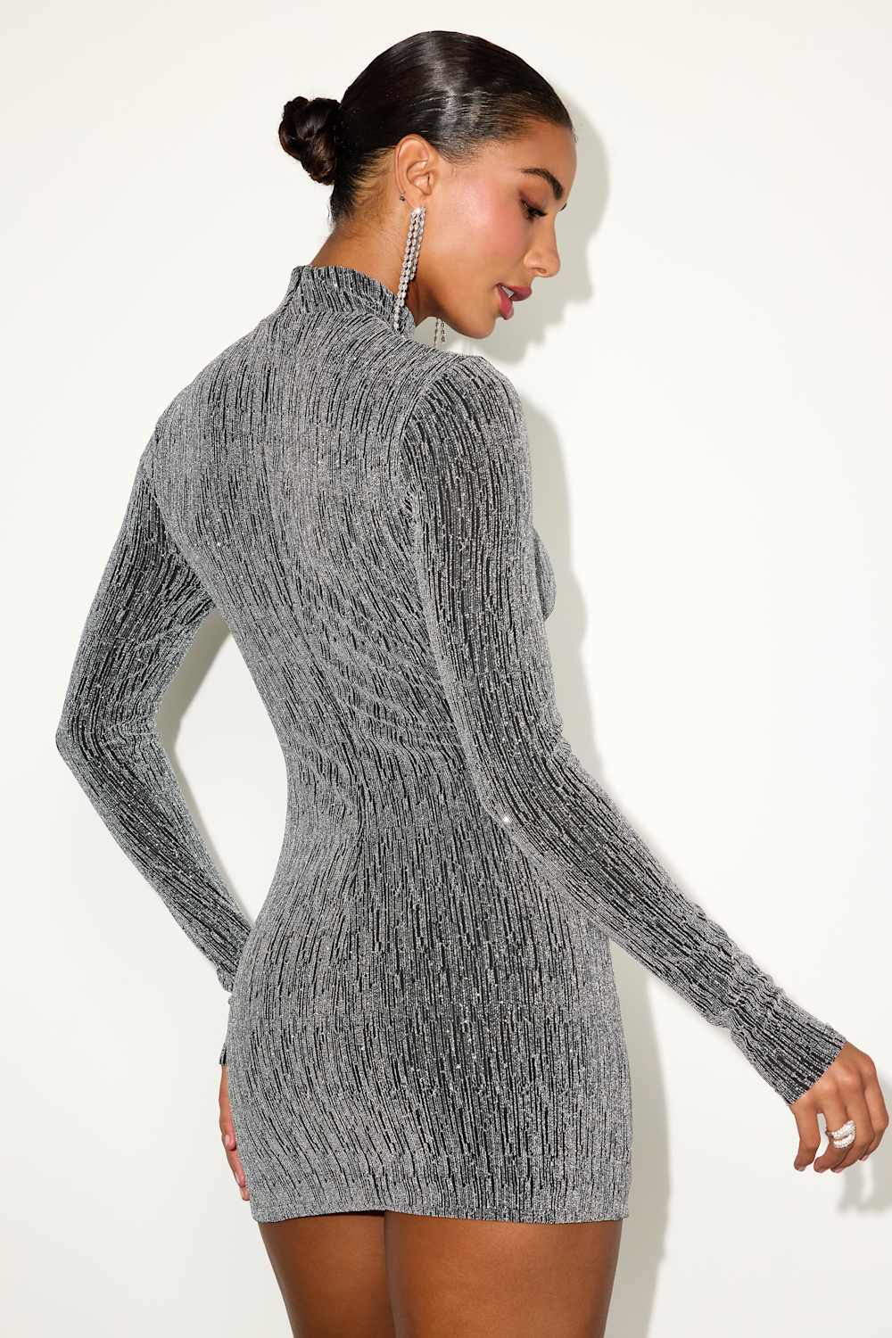 Lorenza Black and Silver Lurex Mock Neck Mini Dress