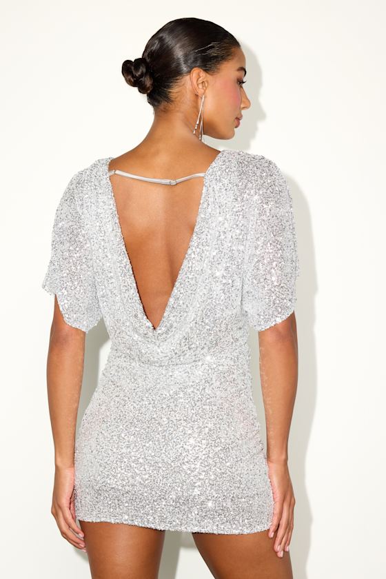 Silver Sequin Dress - Short Sleeve Mini Dress - Cowl Back Dress - Image 4