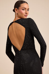 Rhodria Black Rhinestone Cowl Long Sleeve Maxi Dress 1